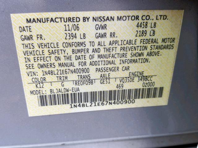 1N4BL21E67N400900 - 2007 NISSAN ALTIMA 3.5 SILVER photo 10