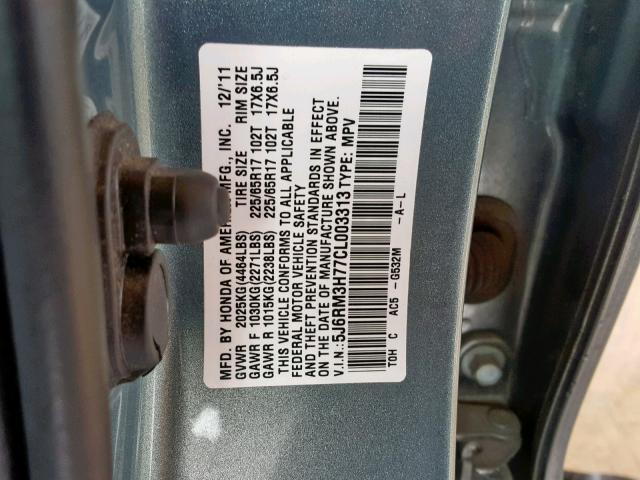 5J6RM3H77CL003313 - 2012 HONDA CR-V EXL GREEN photo 10