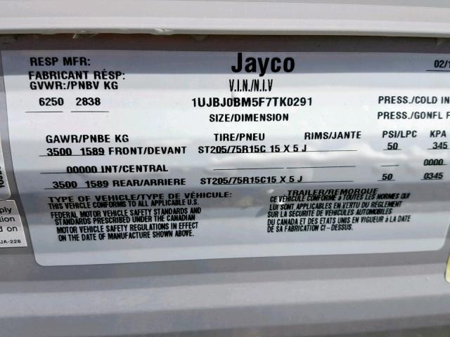 1UJBJ0BM5F7TK0291 - 2015 JAYCO JAYFLIGHT  WHITE photo 10
