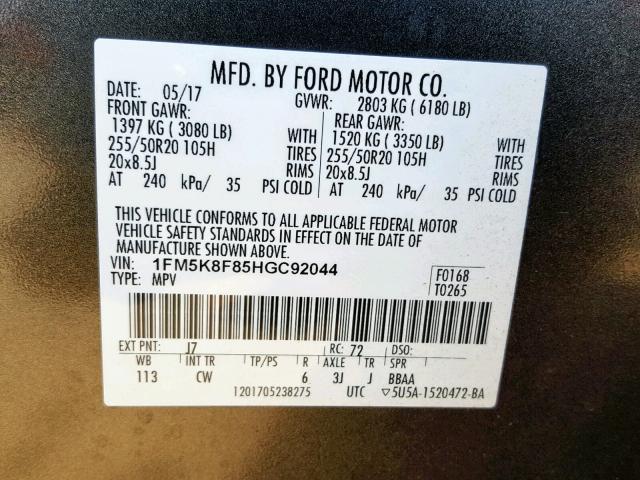 1FM5K8F85HGC92044 - 2017 FORD EXPLORER L GRAY photo 10