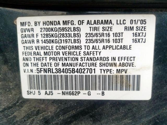 5FNRL38405B402701 - 2005 HONDA ODYSSEY EX  photo 10