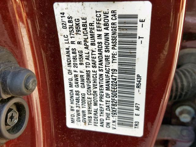 19XFB2F50EE024719 - 2014 HONDA CIVIC LX BURGUNDY photo 10