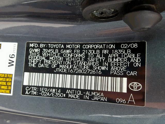 JTKDE167280272616 - 2008 TOYOTA SCION TC GRAY photo 10
