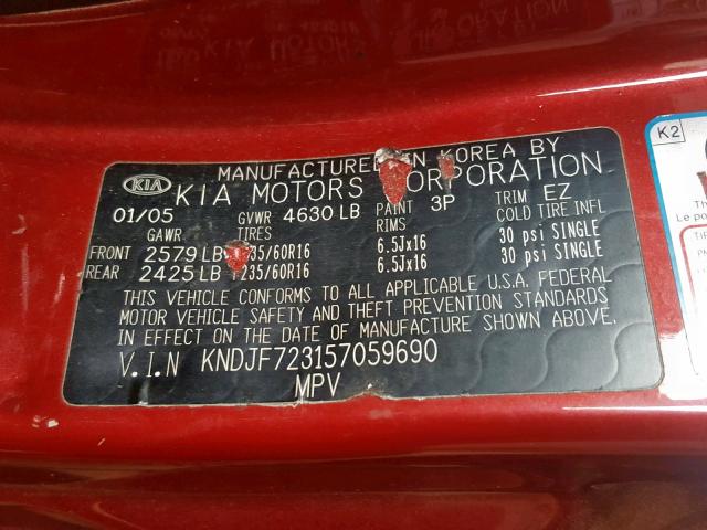 KNDJF723157059690 - 2005 KIA NEW SPORTA RED photo 10