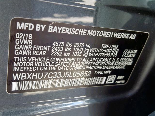 WBXHU7C33J5L05652 - 2018 BMW X1 SDRIVE2 SILVER photo 10