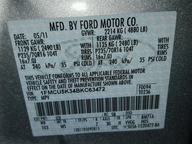 1FMCU5K34BKC63472 - 2011 FORD ESCAPE HYB SILVER photo 10