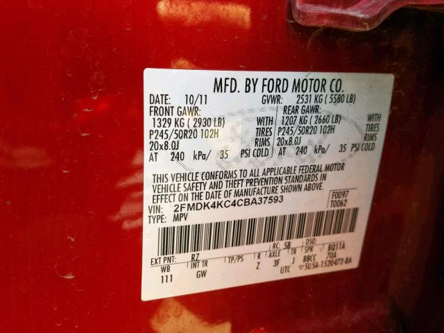 2FMDK4KC4CBA37593 - 2012 FORD EDGE LIMIT MAROON photo 10