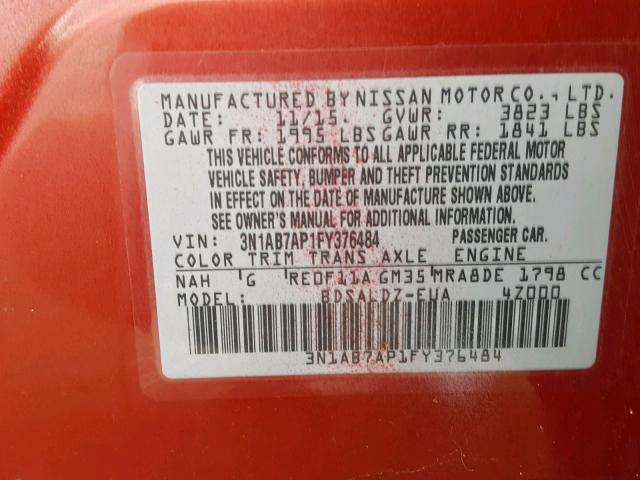 3N1AB7AP1FY376484 - 2015 NISSAN SENTRA S RED photo 10