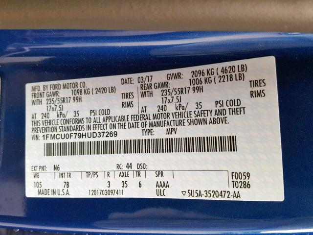 1FMCU0F79HUD37269 - 2017 FORD ESCAPE S BLUE photo 10