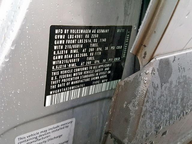 WVGBV7AX3BW534751 - 2011 VOLKSWAGEN TIGUAN S SILVER photo 10