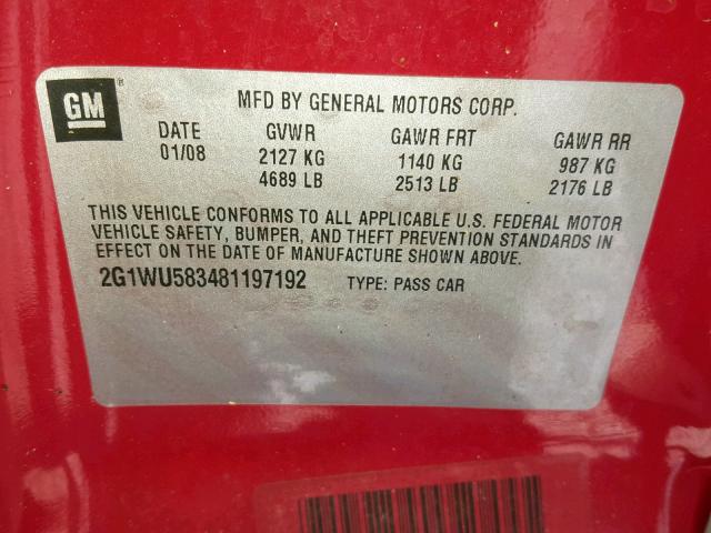 2G1WU583481197192 - 2008 CHEVROLET IMPALA LTZ RED photo 10