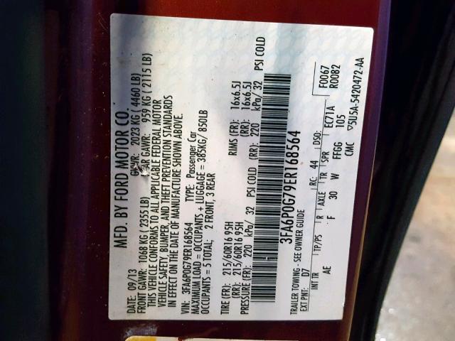 3FA6P0G79ER168564 - 2014 FORD FUSION S MAROON photo 10