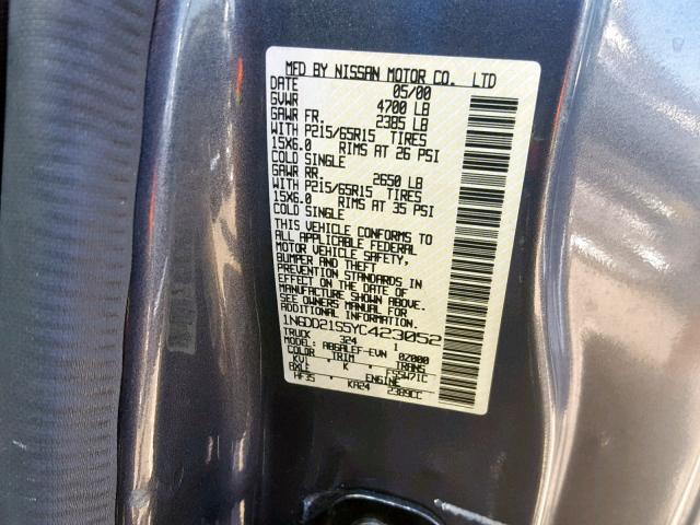 1N6DD21S5YC423052 - 2000 NISSAN FRONTIER X GRAY photo 10