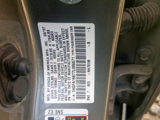 1HGFA16877L086671 - 2007 HONDA CIVIC EX  photo 10