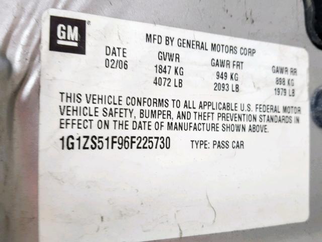 1G1ZS51F96F225730 - 2006 CHEVROLET MALIBU LS SILVER photo 10