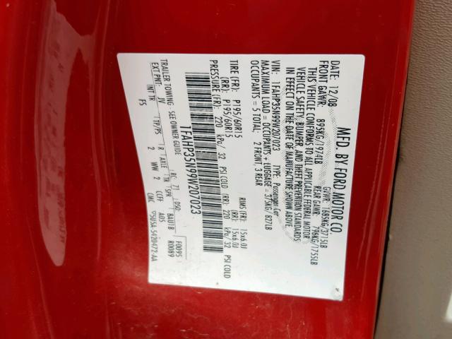 1FAHP35N99W207023 - 2009 FORD FOCUS SE RED photo 10