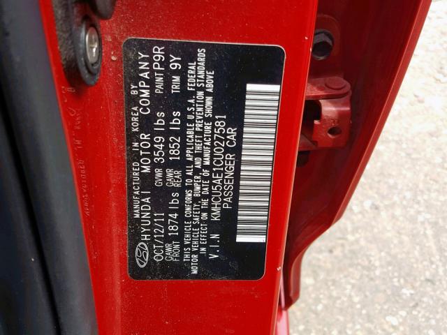 KMHCU5AE1CU027581 - 2012 HYUNDAI ACCENT GLS RED photo 10