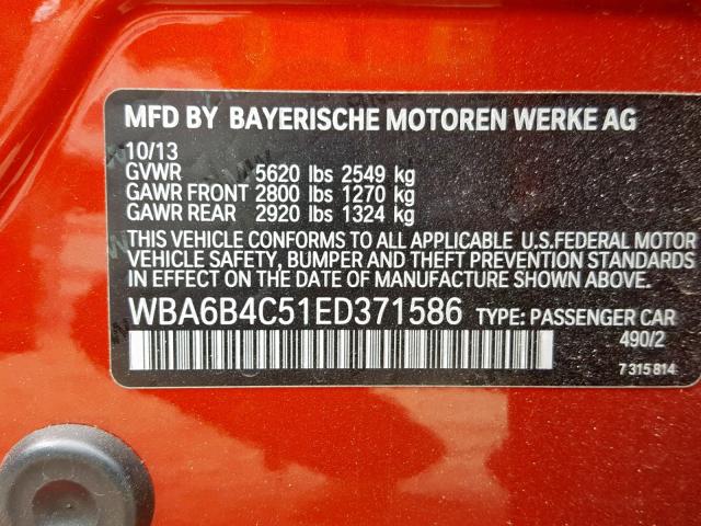 WBA6B4C51ED371586 - 2014 BMW 650 XI ORANGE photo 10