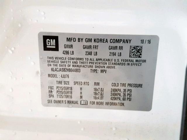 KL4CJASB2HB044803 - 2017 BUICK ENCORE PRE WHITE photo 10