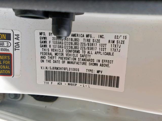 5J6RM3H76FL010905 - 2015 HONDA CR-V EXL WHITE photo 10