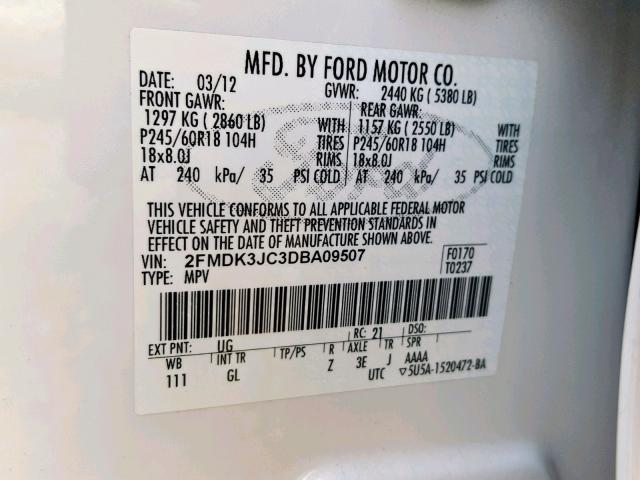 2FMDK3JC3DBA09507 - 2013 FORD EDGE SEL WHITE photo 10