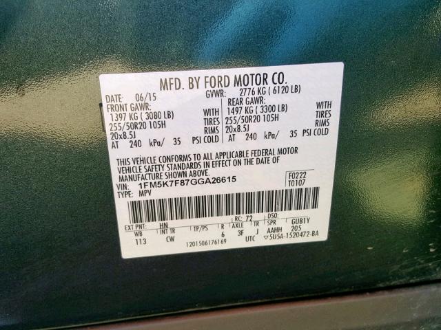 1FM5K7F87GGA26615 - 2016 FORD EXPLORER L GREEN photo 10