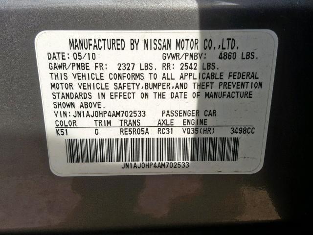 JN1AJ0HP4AM702533 - 2010 INFINITI EX35 BASE GRAY photo 10