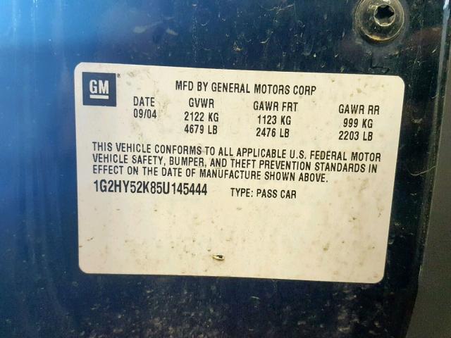 1G2HY52K85U145444 - 2005 PONTIAC BONNEVILLE BLUE photo 10