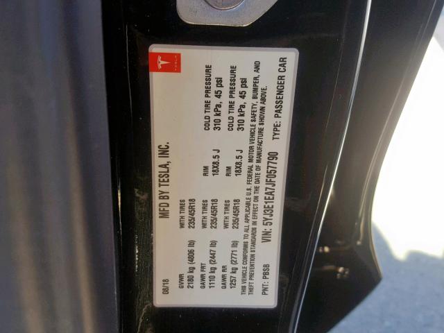 5YJ3E1EA7JF057790 - 2018 TESLA MODEL 3 BLACK photo 10