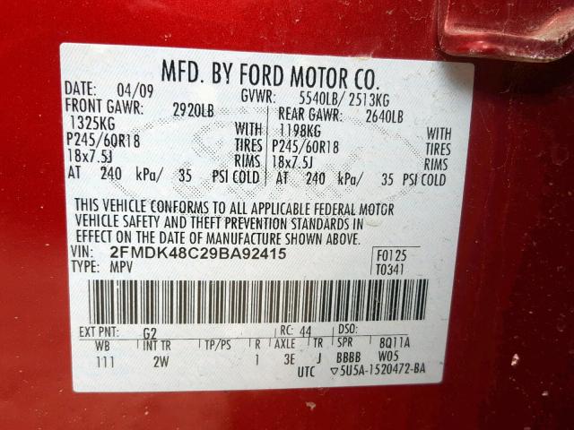 2FMDK48C29BA92415 - 2009 FORD EDGE SEL RED photo 10