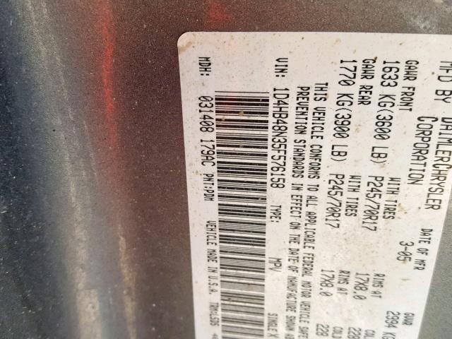 1D4HB48N35F576158 - 2005 DODGE DURANGO SL GRAY photo 10