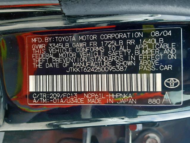 JTKKT624250095387 - 2005 TOYOTA SCION XA BLACK photo 10