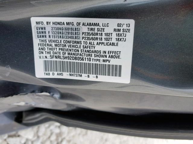 5FNRL5H92DB056110 - 2013 HONDA ODYSSEY TO GRAY photo 10