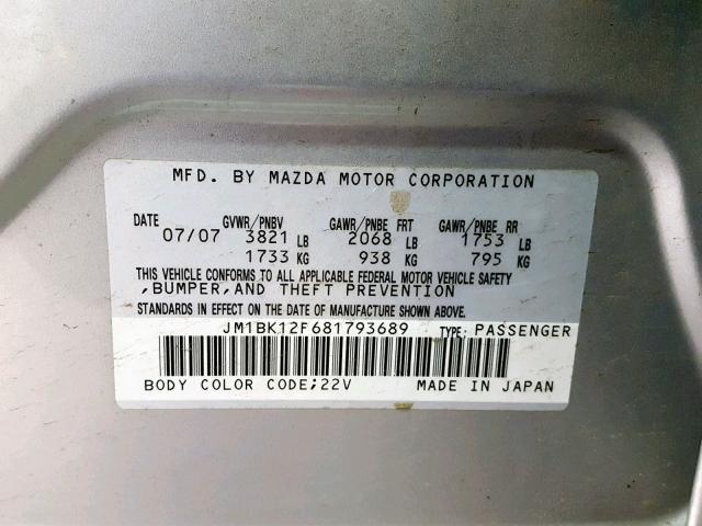 JM1BK12F681793689 - 2008 MAZDA 3 I SILVER photo 10