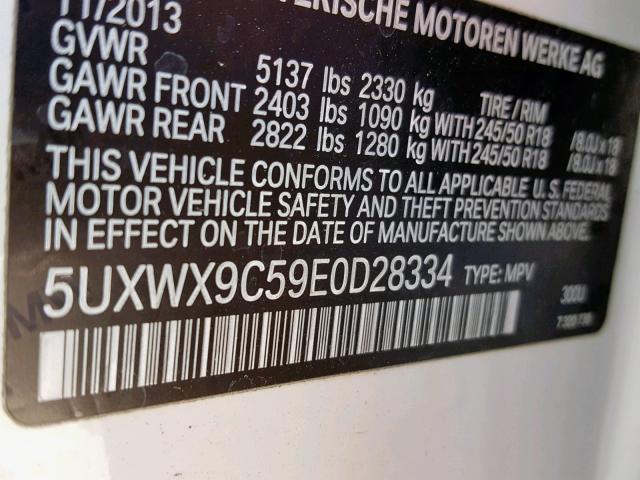 5UXWX9C59E0D28334 - 2014 BMW X3 XDRIVE2 WHITE photo 10