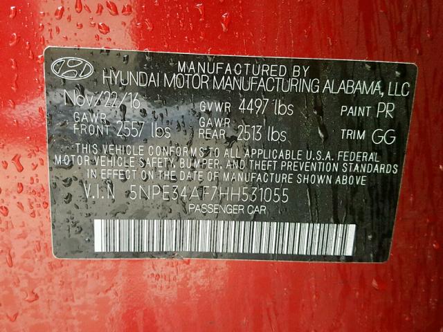 5NPE34AF7HH531055 - 2017 HYUNDAI SONATA SPO RED photo 10