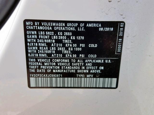 1V2CP2CAXJC592871 - 2018 VOLKSWAGEN ATLAS SE WHITE photo 10