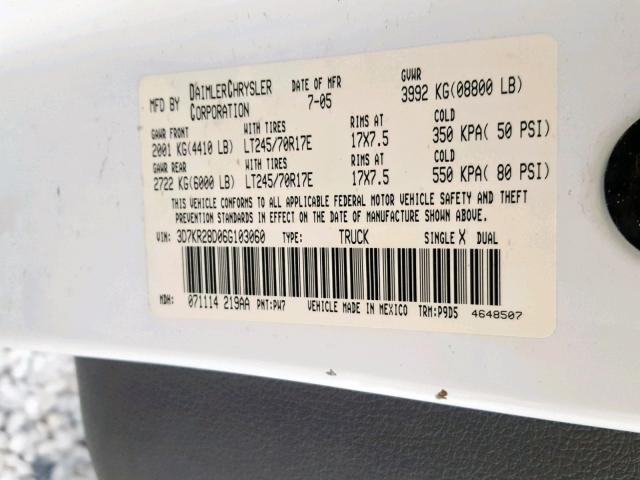 3D7KR28D06G103060 - 2006 DODGE RAM 2500 S თეთრი ფოტო 10