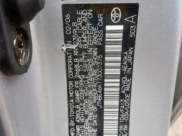 JTNBE46K173007375 - 2007 TOYOTA CAMRY NEW SILVER photo 10