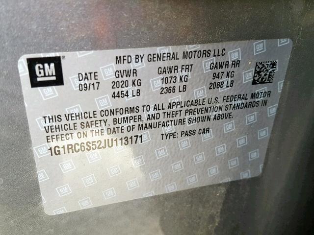 1G1RC6S52JU113171 - 2018 CHEVROLET VOLT LT GRAY photo 10