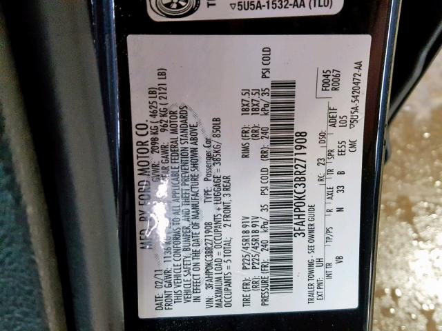 3FAHP0KC3BR271908 - 2011 FORD FUSION SPO BLACK photo 10