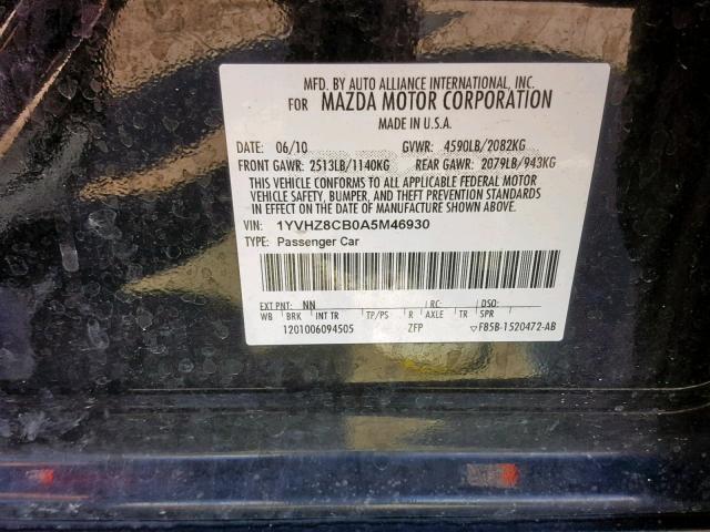 1YVHZ8CB0A5M46930 - 2010 MAZDA 6 S BLACK photo 10