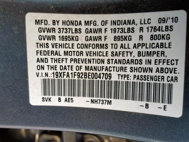 19XFA1F92BE004709 - 2011 HONDA CIVIC EXL GRAY photo 10