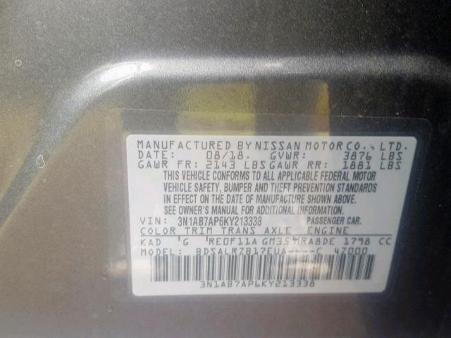 3N1AB7AP6KY213338 - 2019 NISSAN SENTRA S GRAY photo 10