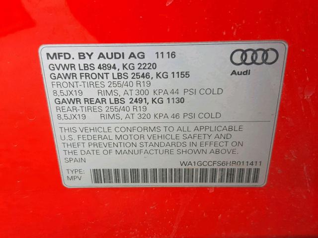 WA1GCCFS6HR011411 - 2017 AUDI Q3 PRESTIG RED photo 10