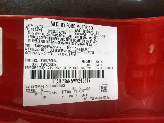 1FAHP36N69W245419 - 2009 FORD FOCUS SES RED photo 10