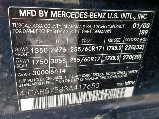 4JGAB57E83A417650 - 2003 MERCEDES-BENZ ML 350 BLUE photo 10