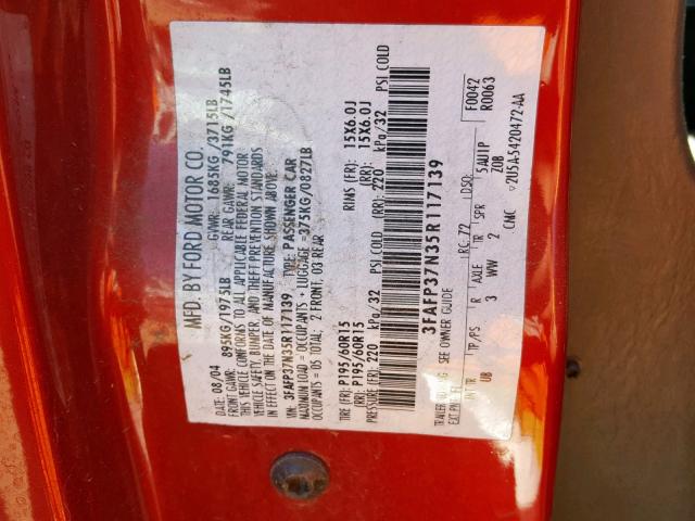 3FAFP37N35R117139 - 2005 FORD FOCUS ZX5 RED photo 10