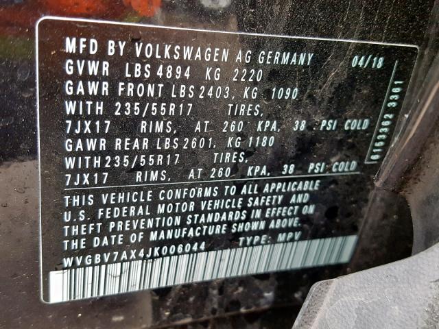 WVGBV7AX4JK006044 - 2018 VOLKSWAGEN TIGUAN LIM BLACK photo 10