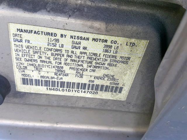 1N4DL01D1YC147020 - 2000 NISSAN ALTIMA XE BEIGE photo 10